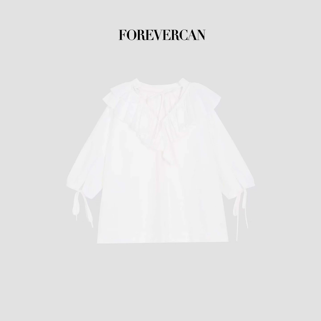 FOREVERCAN“白马庄园”宫廷风荷叶边OVERSIZE短袖衬衫裙 SD21718