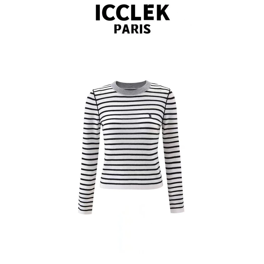 ICCLEK 白色条纹条圆领薄款针织上衣气质减龄百搭显瘦通勤-9011