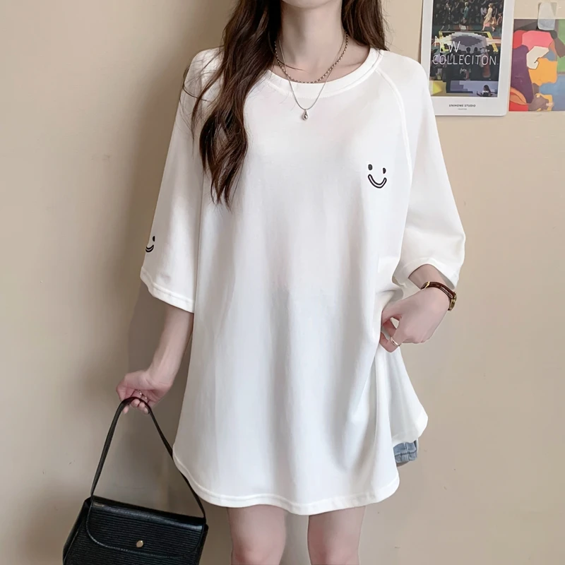 纯棉中长款孕妇遮肚短袖t恤女夏装宽松简约休闲小矮个子上衣女t潮