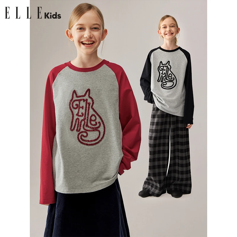 W155 ELLE KIDS 猫猫珠片长袖T恤女童秋季绣花撞色插肩休闲上衣Q1