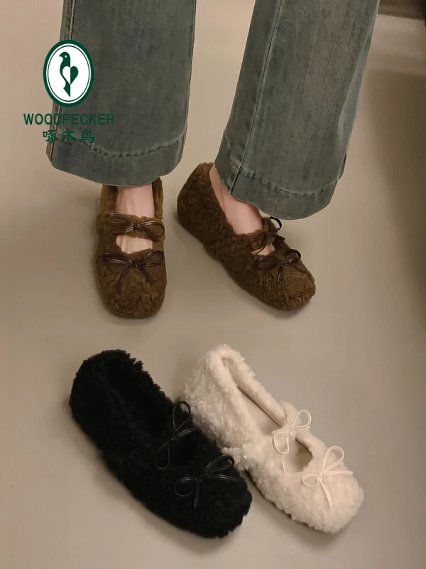 啄木鸟小个子内增高毛毛鞋女外穿新款玛丽珍蝴蝶结加绒豆豆棉鞋