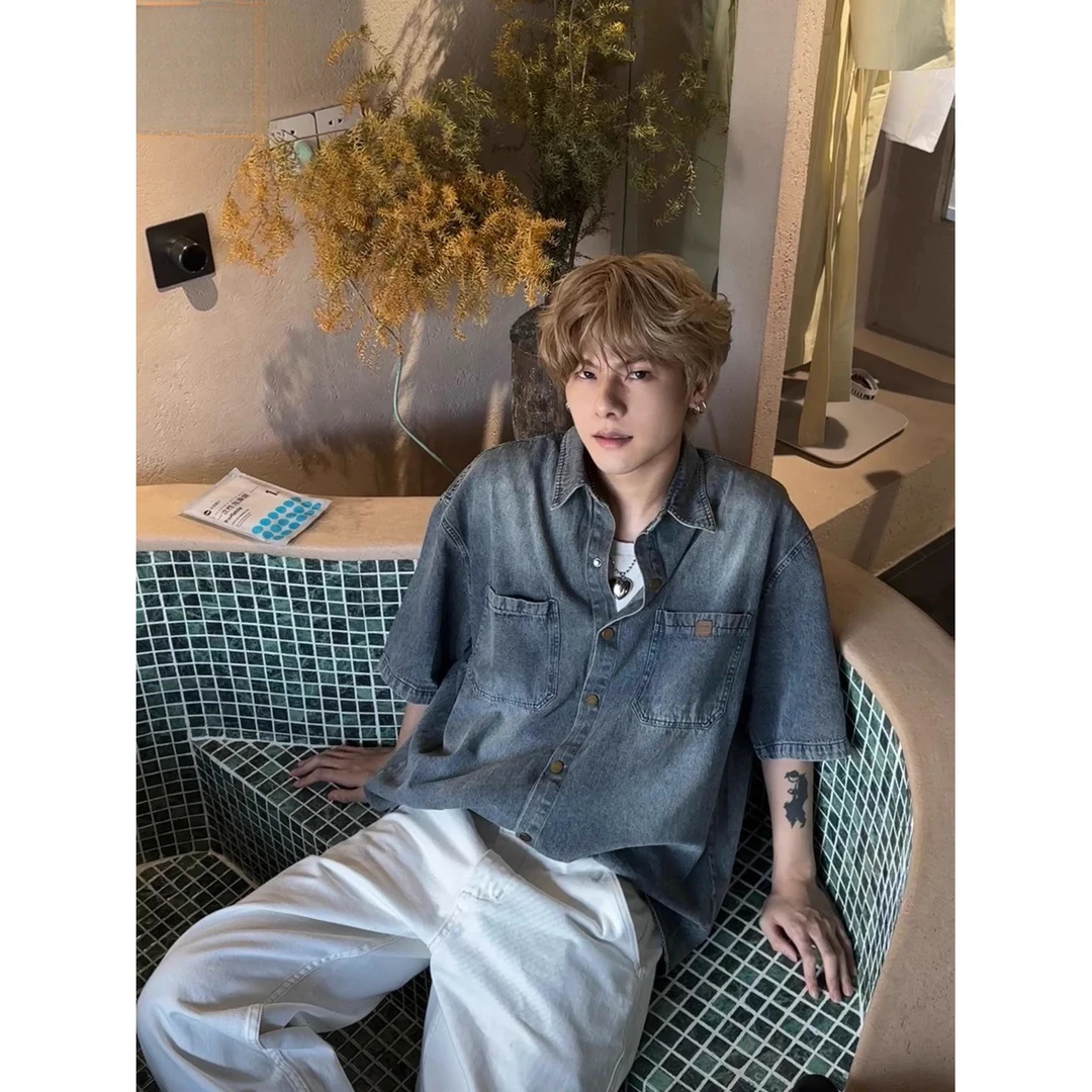 美式小众复古洗水泥染牛仔衬衫男短袖日系宽