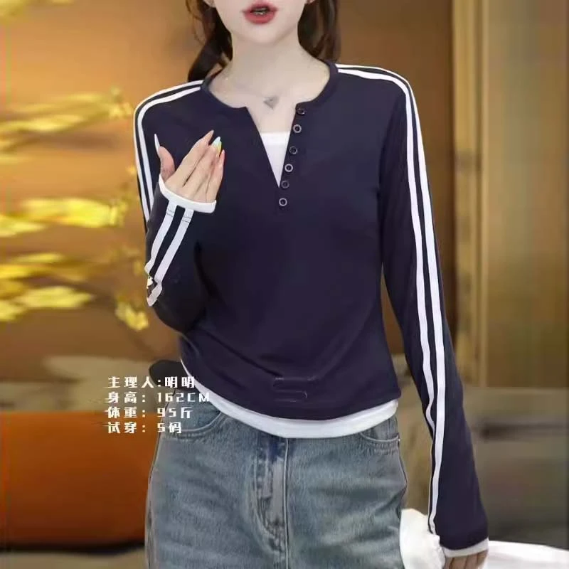 小个子拼色假两件上衣2025春秋季新款女士时尚设计感条纹长袖T恤