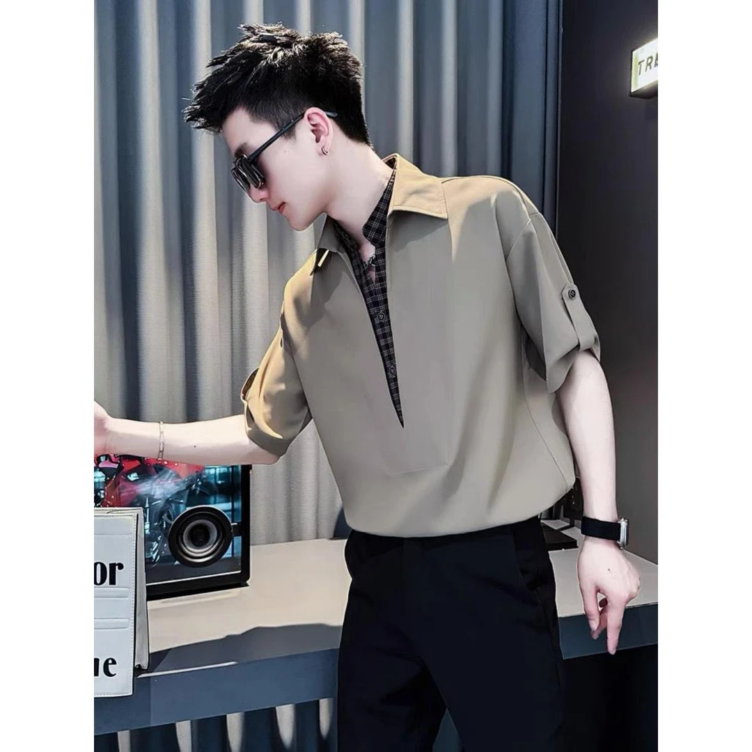 痞帅衬衫男士短袖假两件拼接超火中袖2025新款高级感冰丝衣服男装