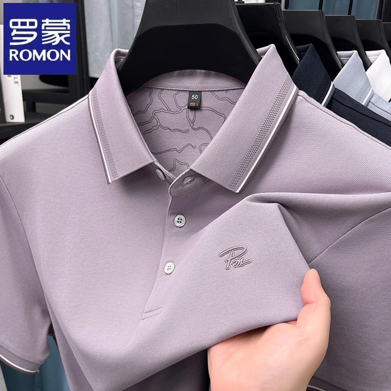 罗蒙商务纯色印花短袖Polo衫夏季休闲翻领男士宽松职业爸爸装T恤