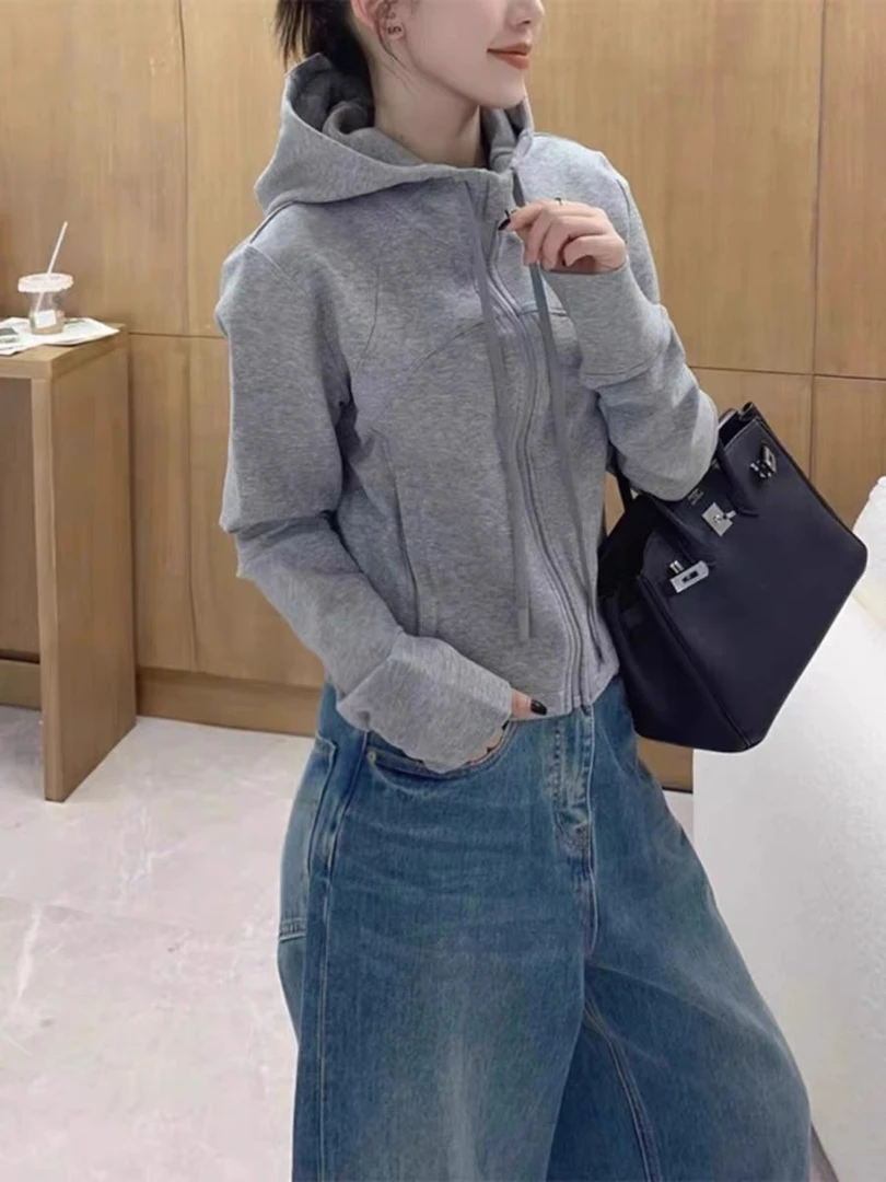 2025春秋季新款欧货连帽抽绳拉链后背刺绣净版简约开衫卫衣外套女