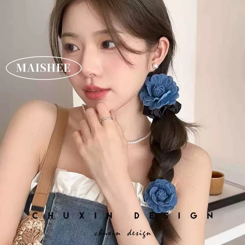 韩国新款高级感牛仔蓝玫瑰发圈女后脑勺扎发头绳发饰发绳Z0121