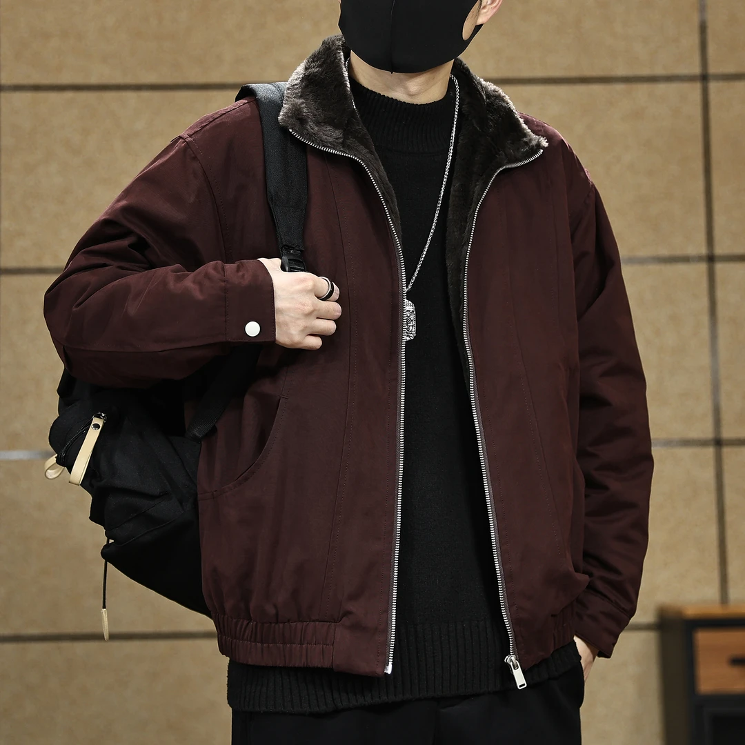 梅洛酒红色仿兔毛加厚棉服男2026冬季新款座山雕棉衣保暖美式外套