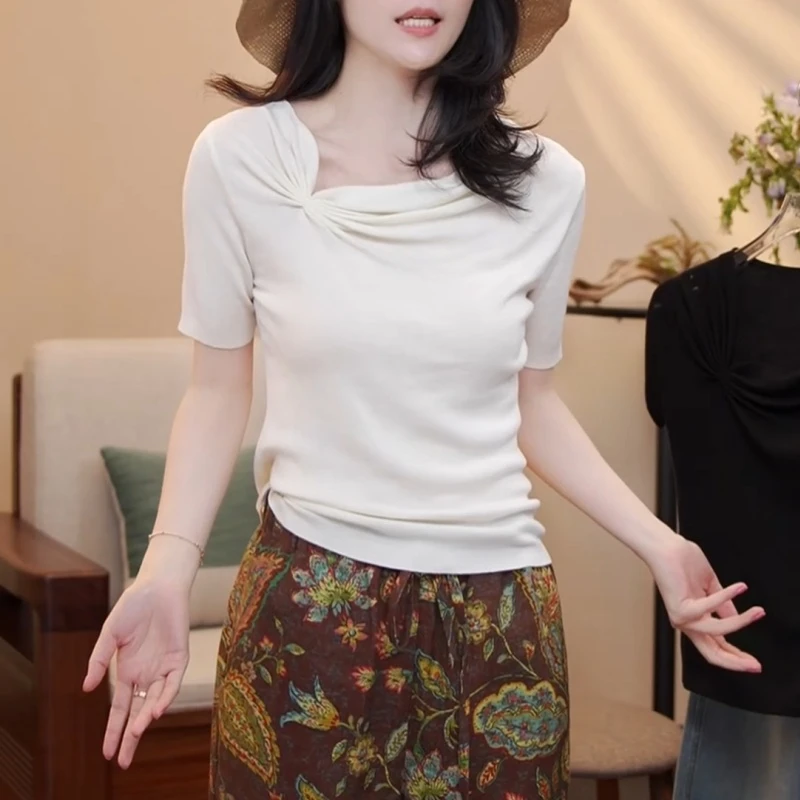 新款夏季设计感斜领扭结气质纯色短袖T恤LK2503687