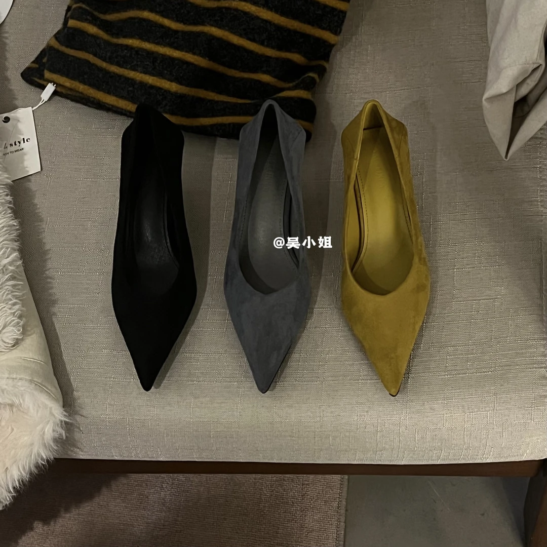 2025春季新款气质绒面高跟女鞋尖头浅口时尚百搭网红尖头黑色单鞋