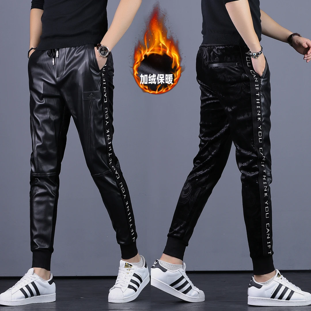 男士加绒保暖皮裤冬季摩托车束脚休闲裤弹力修身长裤潮牌高端男裤