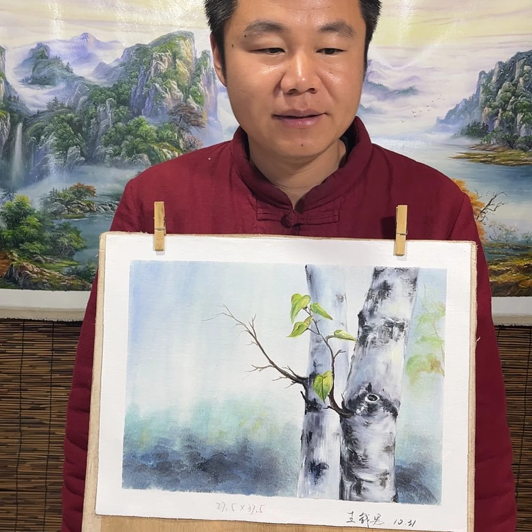 油画行路人小院绘画作品