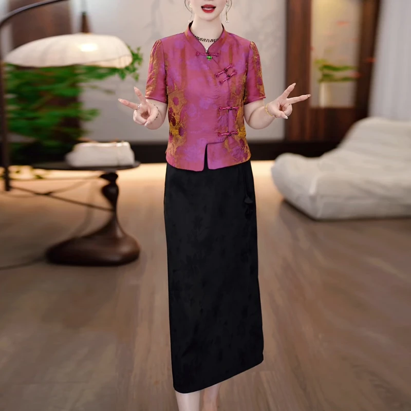 时尚洋气套装连衣裙女夏季新款时髦盘扣立领短袖上衣半身裙两件套