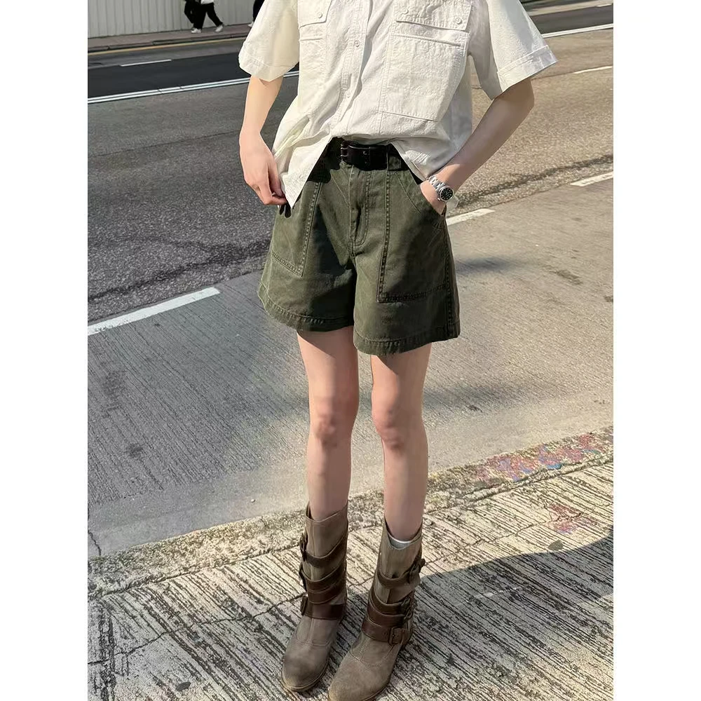 美式复古高腰阔腿工装绿色百搭短裤女夏季小个子显瘦甜酷辣妹热裤