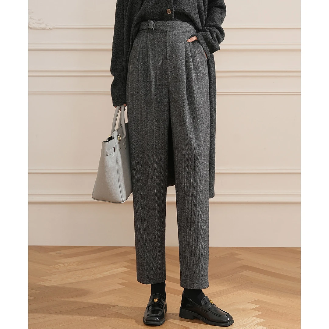 白鹿语冬款时尚复古高腰小脚时尚厚款通勤条纹九分休闲裤HX10043