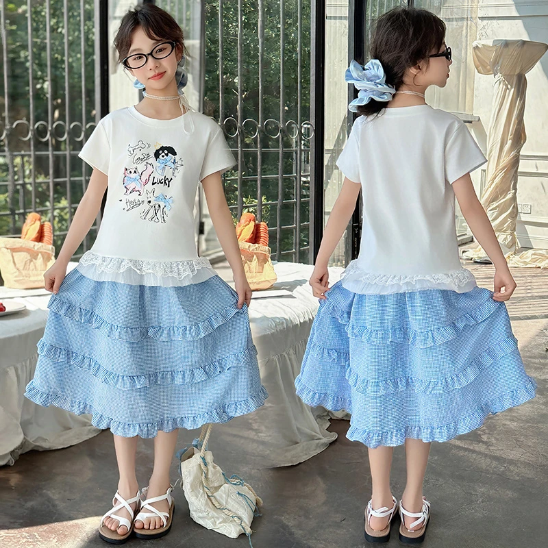 女童夏装套装2025新款儿童花边短袖t恤洋气公主半身格子蛋糕裙子