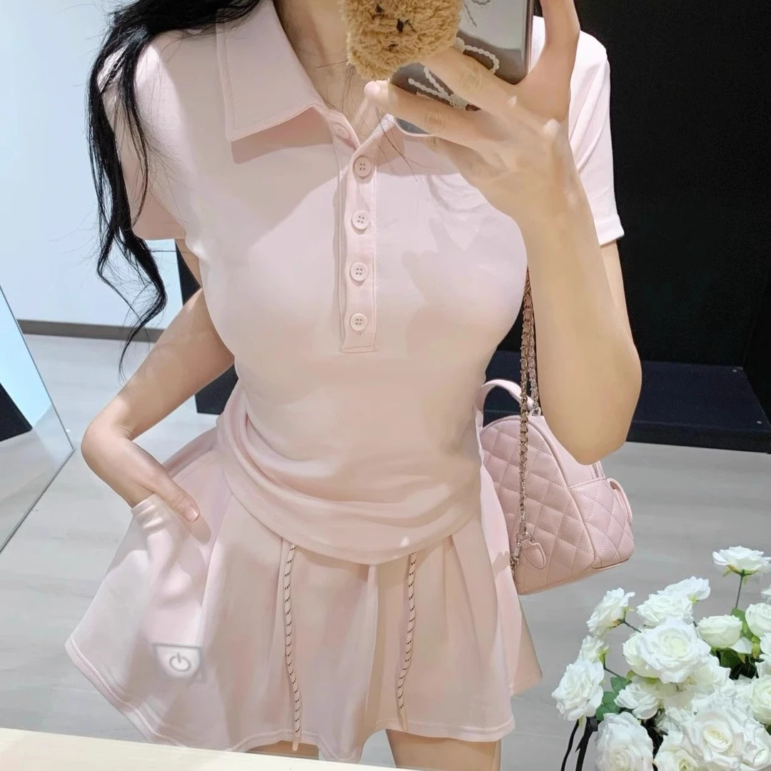韩系夏季女美式学院风polo领短袖上衣半身裙两件套装减龄小个子