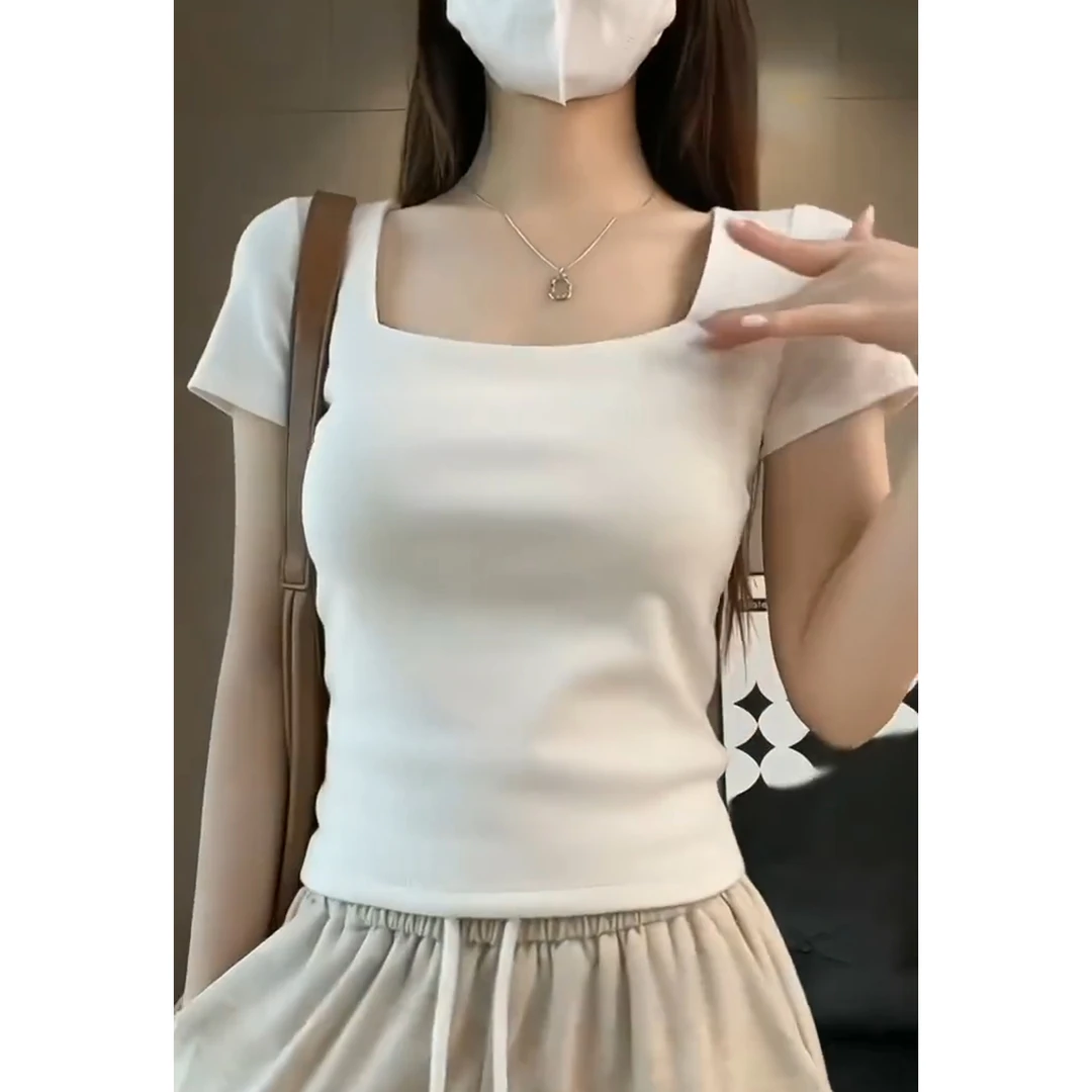 白色小众方领短袖T恤女2025年新款修身显瘦百搭设计感洋气上衣潮
