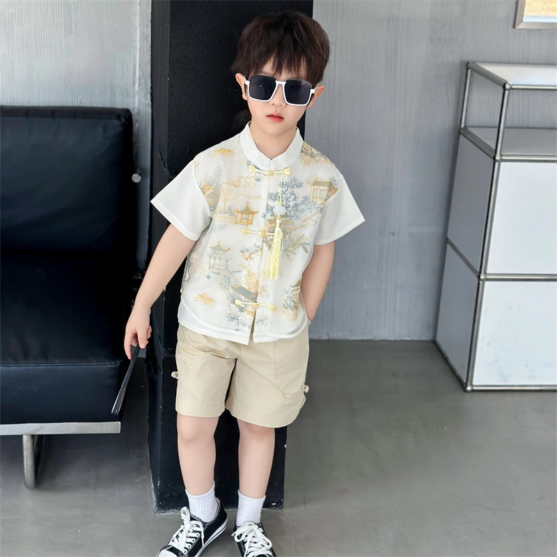 汉服男童夏装套装儿童国风唐装新中式短袖男孩宝夏季帅气改良古装