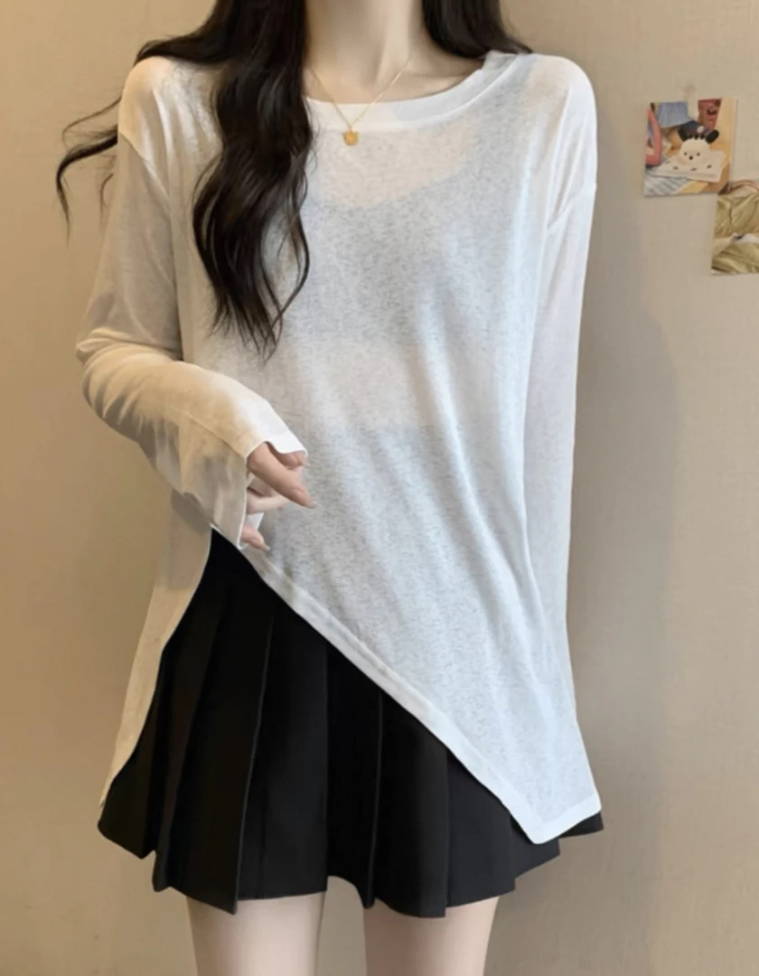 嘉嘉推荐#6053【防晒罩衫】开叉长袖不规则上衣