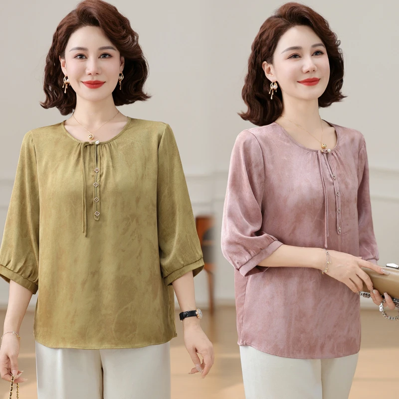 妈妈夏装新中式国风T恤衫七分袖中老年女春夏款洋气圆领小衫上衣
