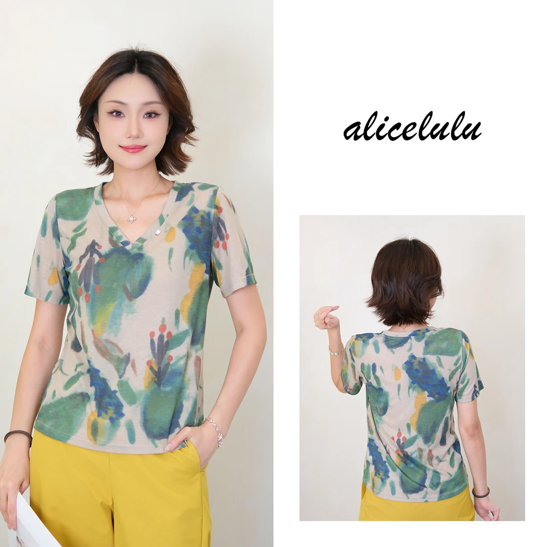 [alicelulu]百搭简约抽象印花V领短袖正肩T恤S2143337W