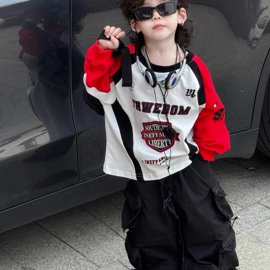 男童春秋时尚机车风撞色长袖纯棉T2025秋季新款中童酷帅洋气上衣