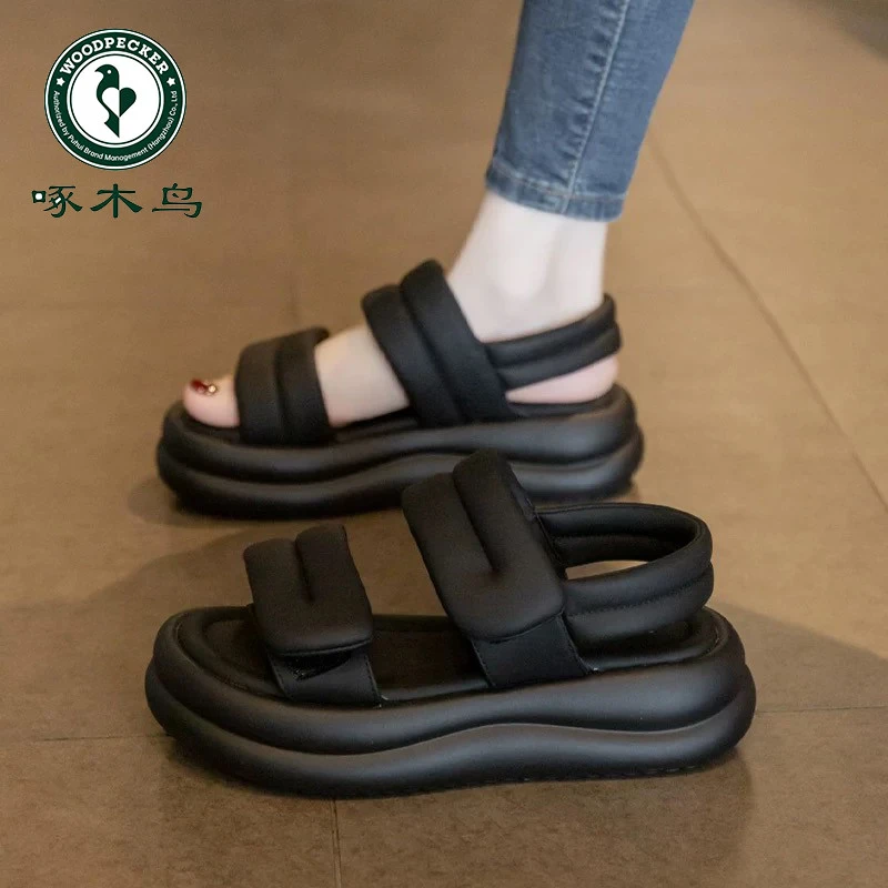 啄木鸟运动凉鞋女款2025新款夏季网红魔术贴厚底休闲软底沙滩鞋