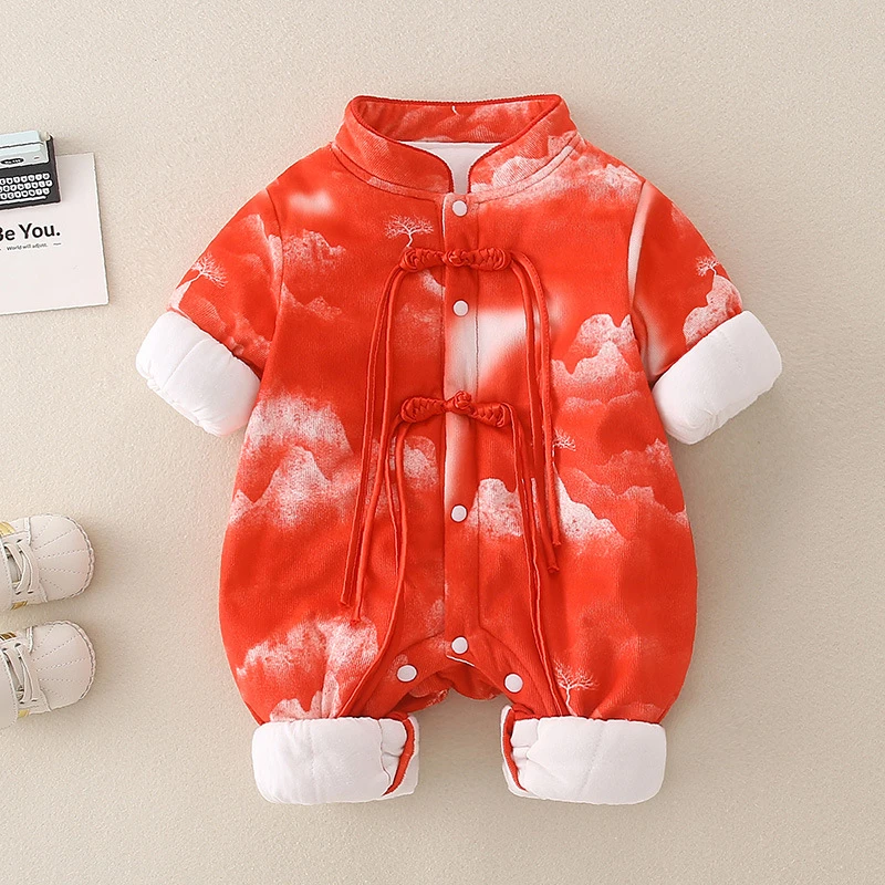 中国风婴儿服冬款帅气男宝宝周岁礼百天抓周幼儿外出连体哈衣