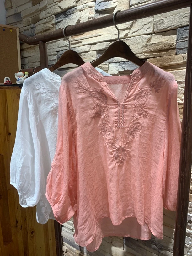 套头夏季刺绣V领都市风衬衫小衫雪纺衫中袖纯色时尚休闲