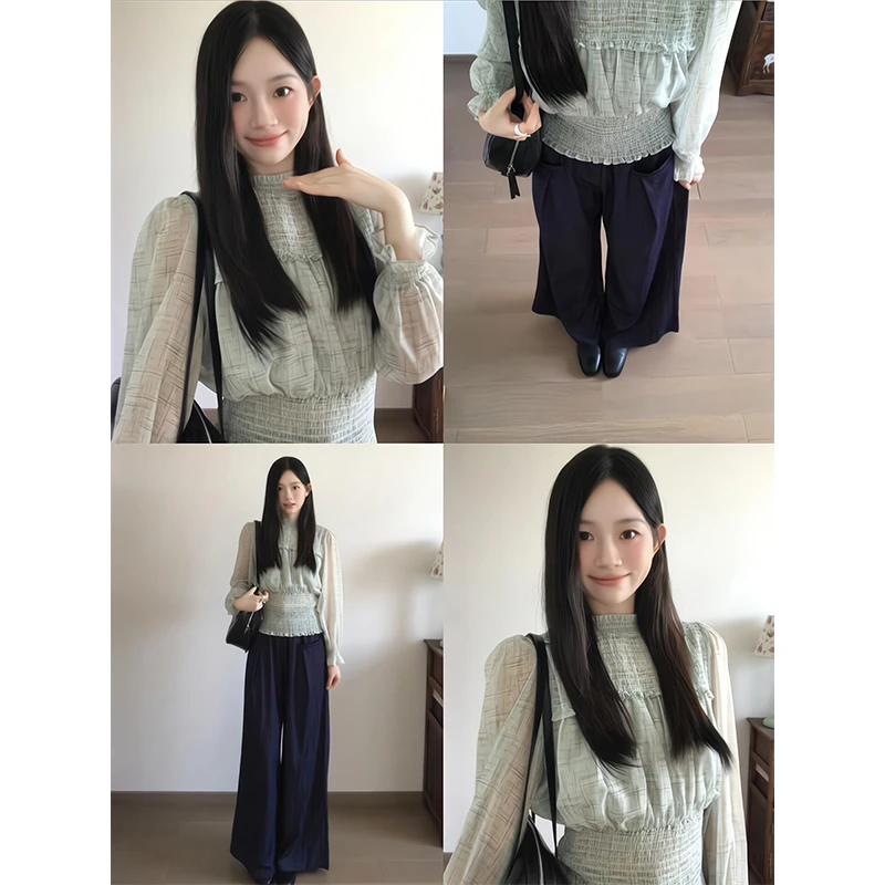 法式独特漂亮雪纺微透长袖针织上衣女搭配小个子百搭休闲裤两件套