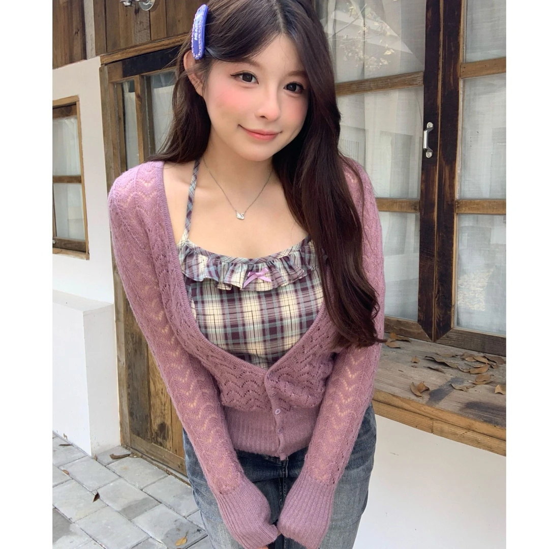 【Vintage情书】新款马海毛针织衫格纹吊带两件套A253B0175