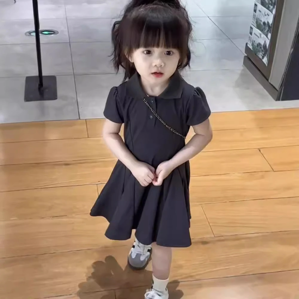 现货圆子家 女童学院风抽绳POLO领短袖连衣裙新品女小童洋气裙子