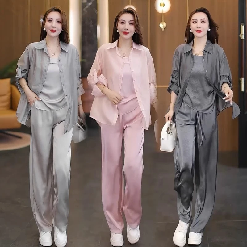 时尚套装女2025夏季新款洋气显瘦防晒衬衫吊带阔腿裤休闲三件套潮