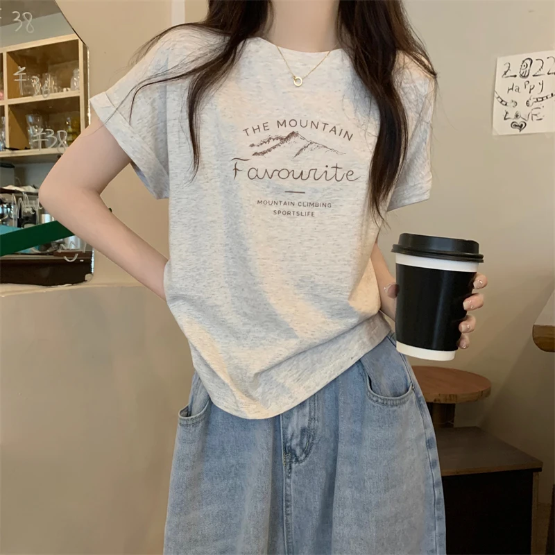 纯欲慵懒风女装2025夏季新款花灰色纯棉短袖t恤女宽松印花上衣