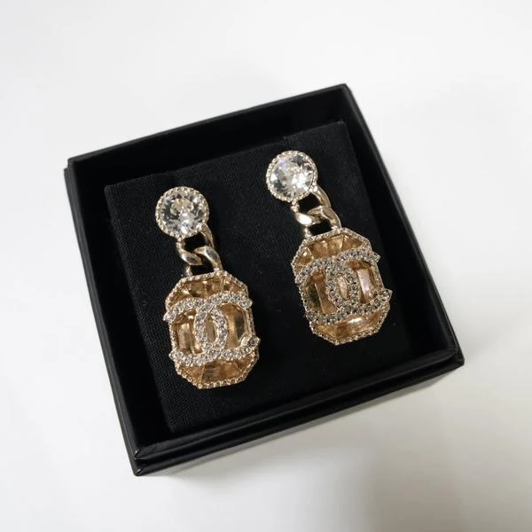 Chanel 闪钻双C镜面吊坠耳钉