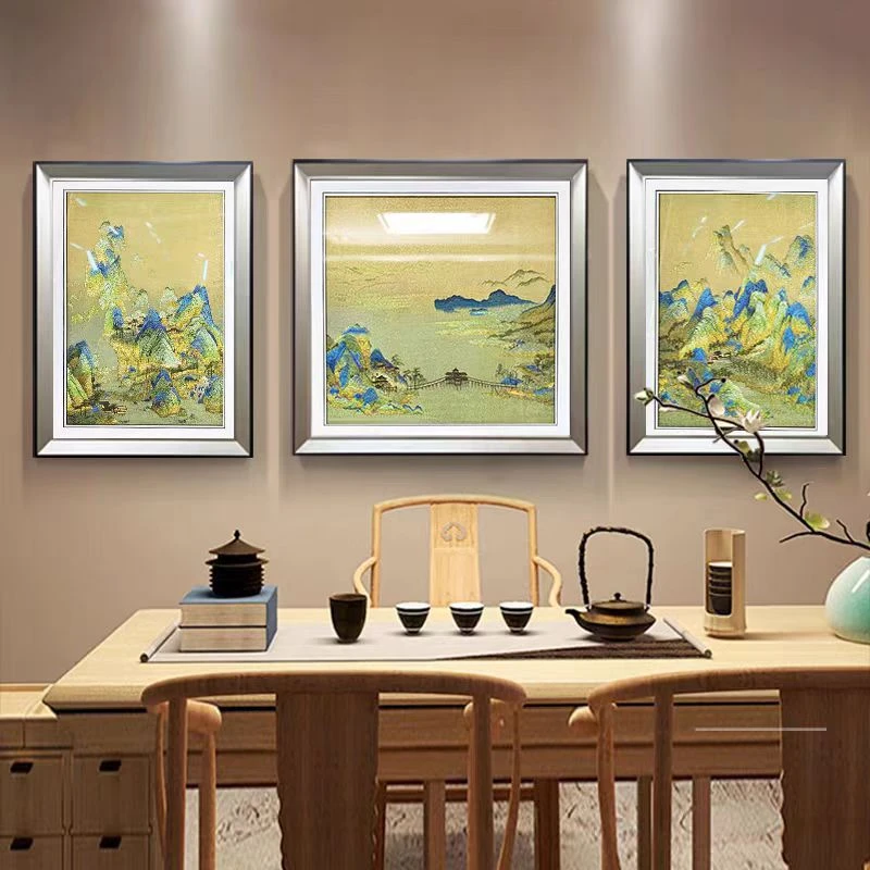 317千里江山图三联新中式客厅装饰画2024新款沙发背景墙刺绣壁画