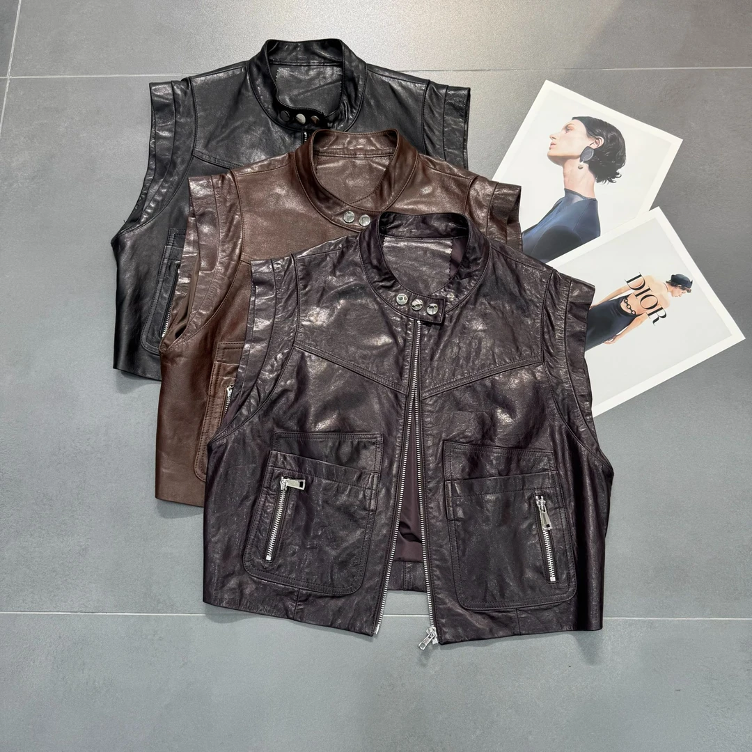 油蜡绵羊皮 新款真皮马甲女时髦洋气单穿立领短款机车皮衣外套