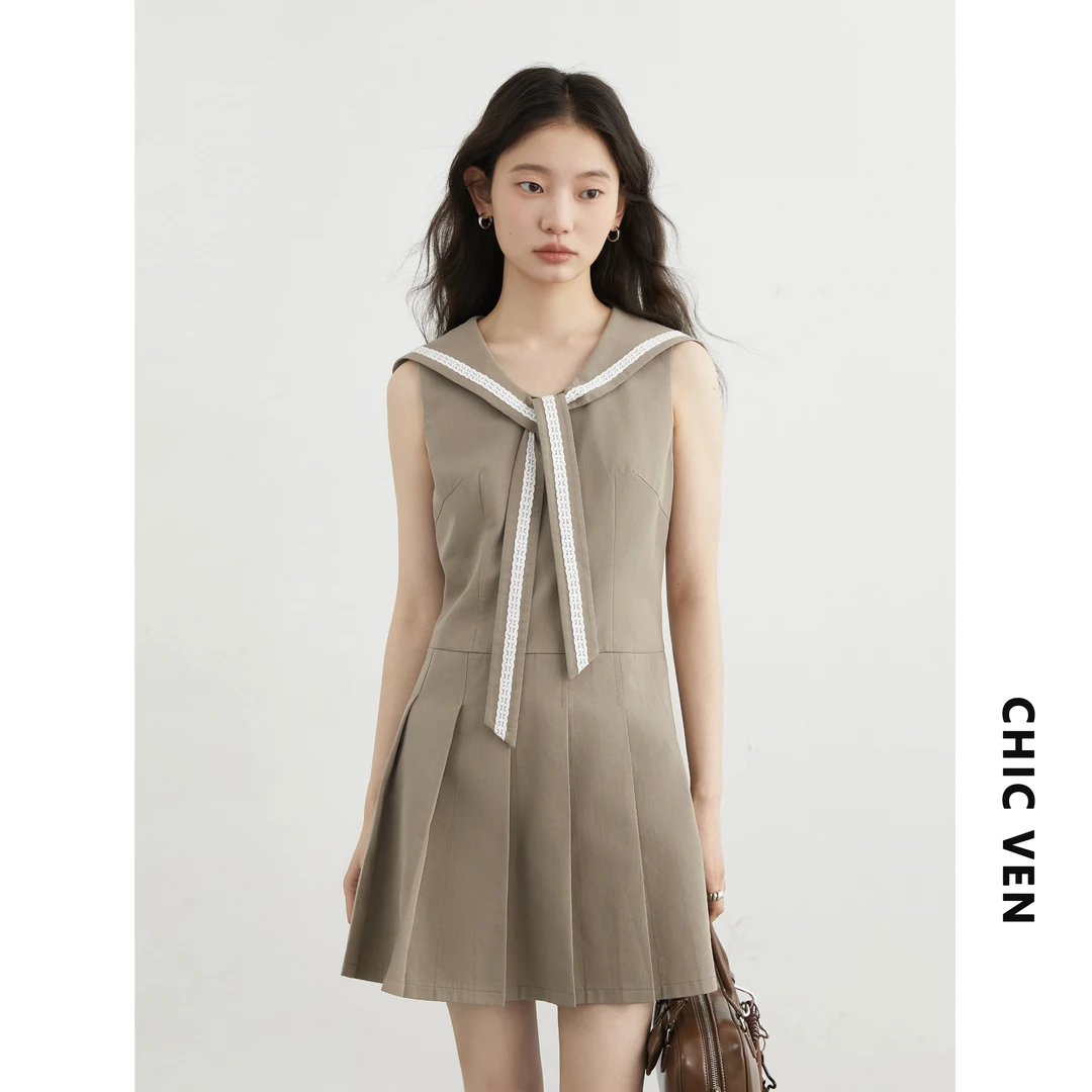 夏季新款学院风天丝海军领蕾丝花边连衣裙百褶裙125XLYQ0408