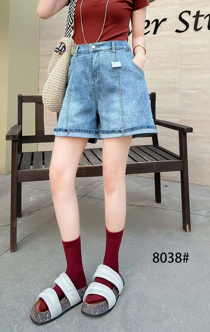 8038 加肥胖妹妹牛仔高弹大码宽松遮胯后腰松紧洋气百搭休闲短裤