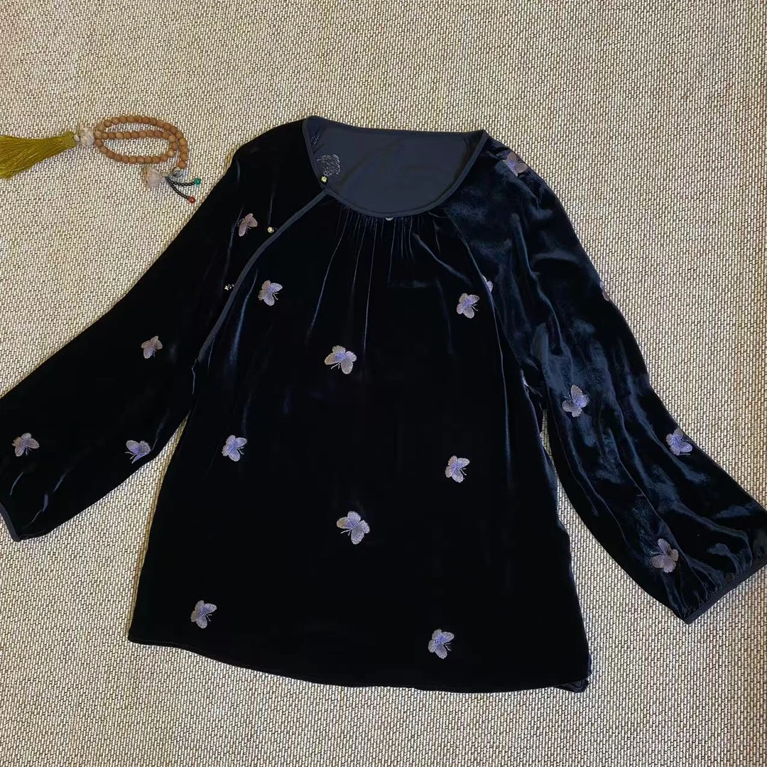 知羽.香云【愫蝶】100桑蚕丝丝绒复古绣花中国风圆领上衣ZY16835