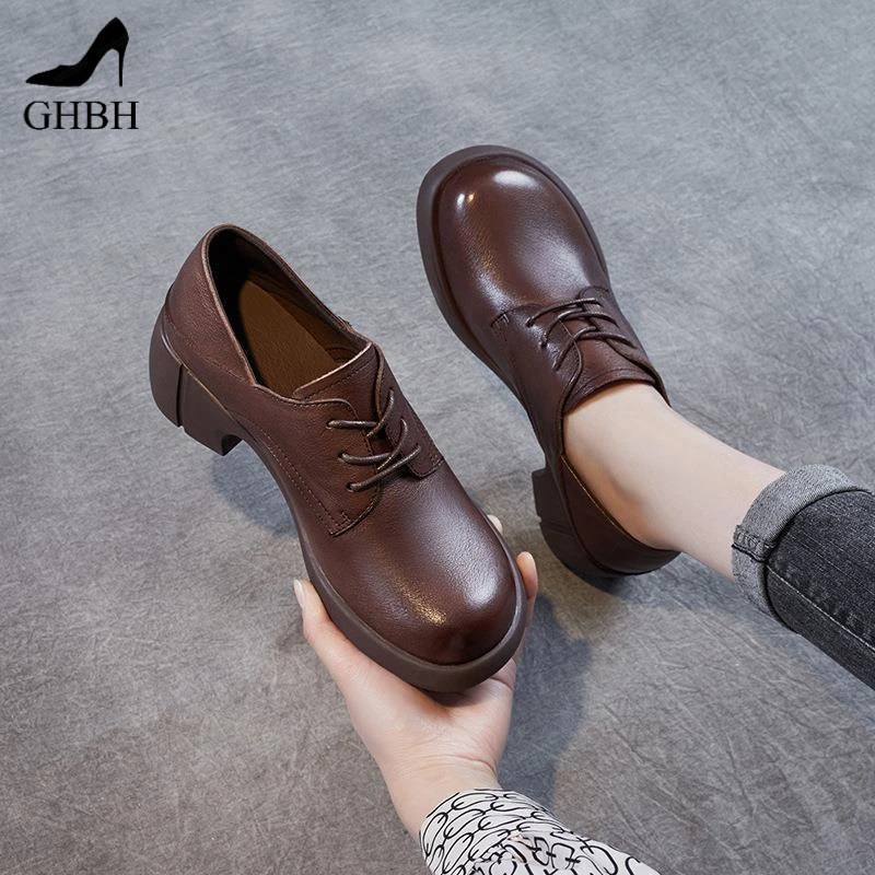 香港潮牌流行女鞋深口系带粗跟单鞋春秋新款简约中跟乐福鞋职业鞋