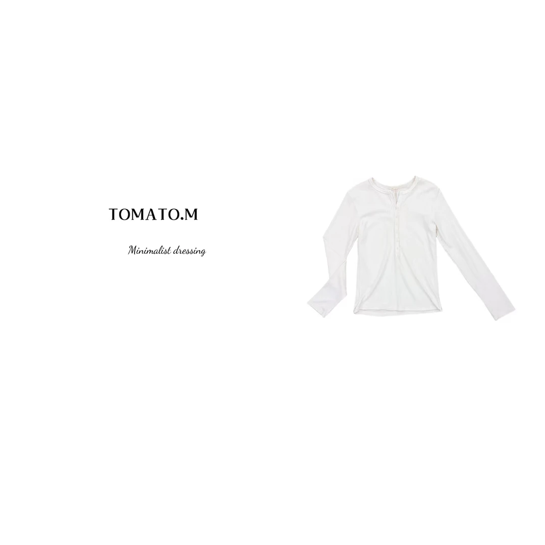 白色版纽扣长袖 打底外穿圆领显瘦休闲上衣 番茄妈女装