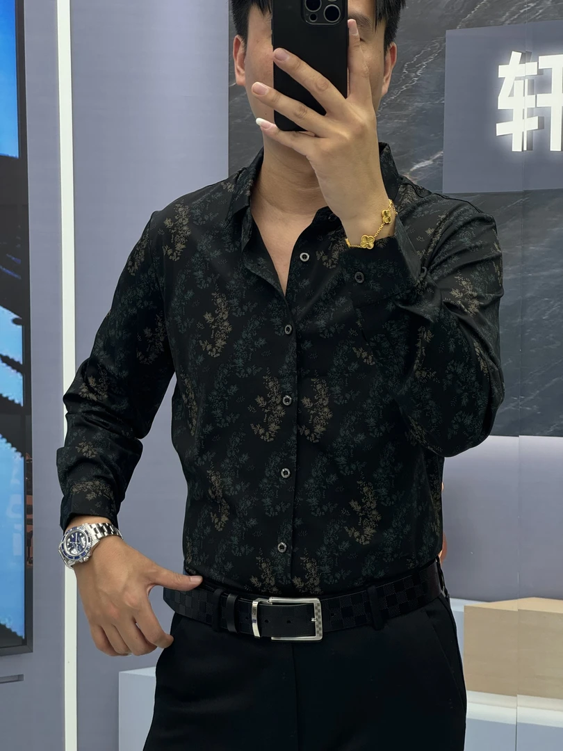 25年男士秋季提花休闲时尚潮流轻奢百搭长袖衬衫修身衬衣