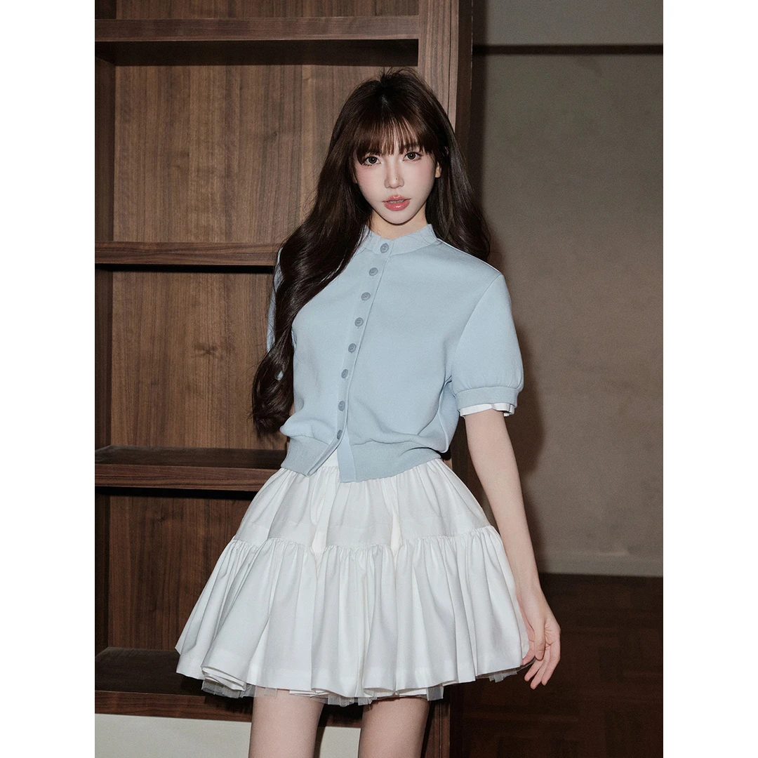 avenement/拼接领修身收腰撞色假两件短袖开衫上衣短外套女春秋