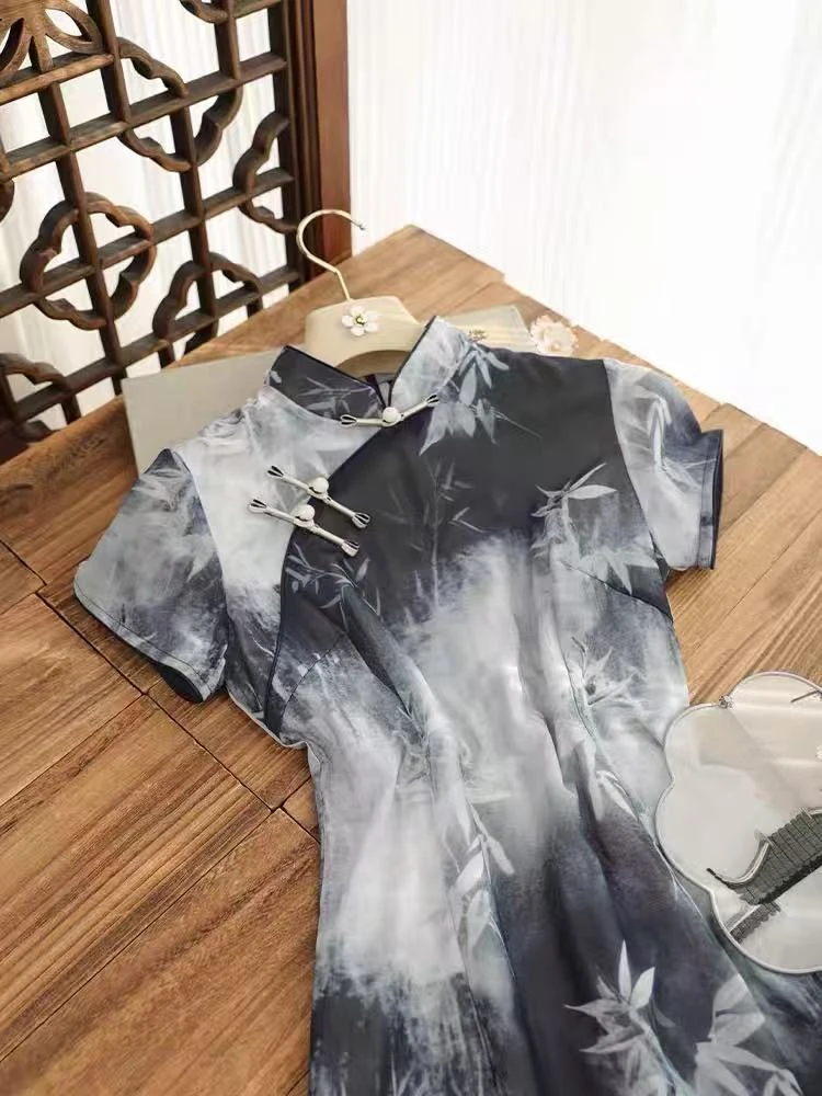 0822 灰色 【疏影】 复古 缠结八扣  旗袍