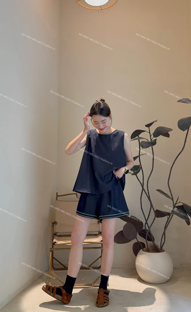 XIAOMEI ｜韩系设计后背上衣+显瘦短裤两件套套装-5193