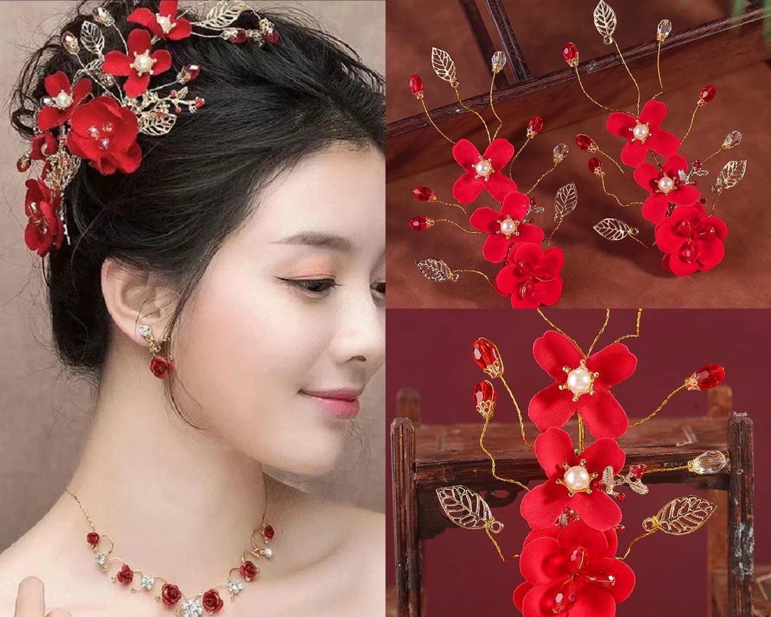 2025新娘新款红色敬酒服头饰仙美头花精致边夹发夹结婚礼造型配饰