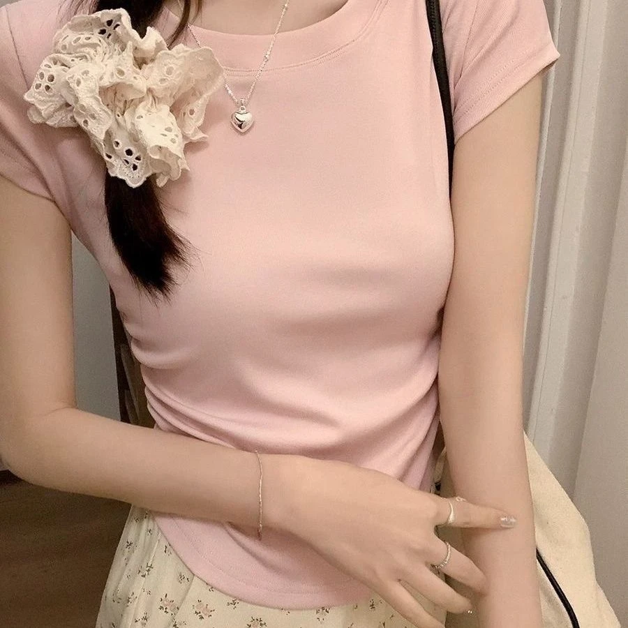 2025夏季新款圆领正肩短袖t恤女收腰显瘦甜辣设计感修身褶皱上衣