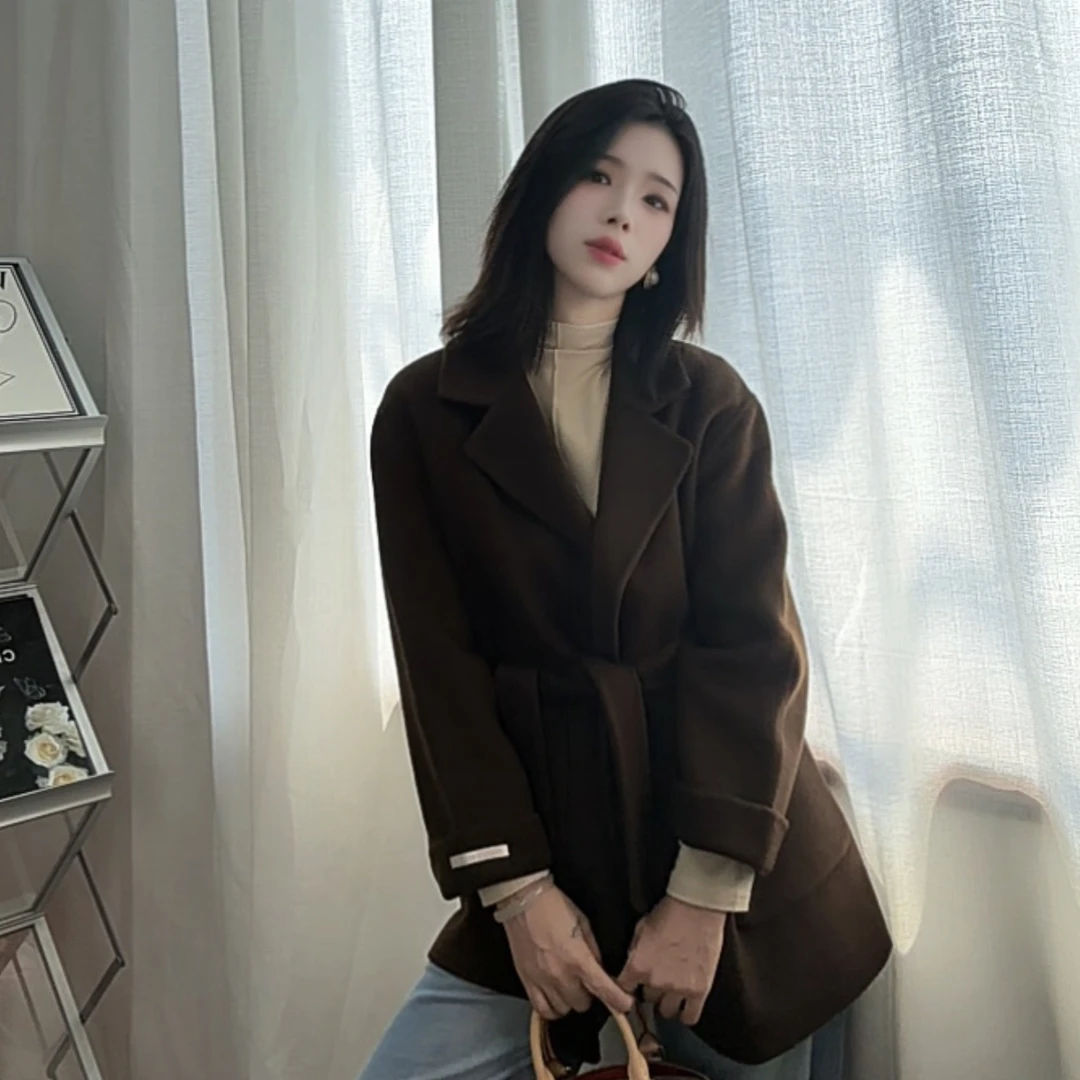 秋冬女士中长款宽松双面羊毛大衣时尚舒适外套